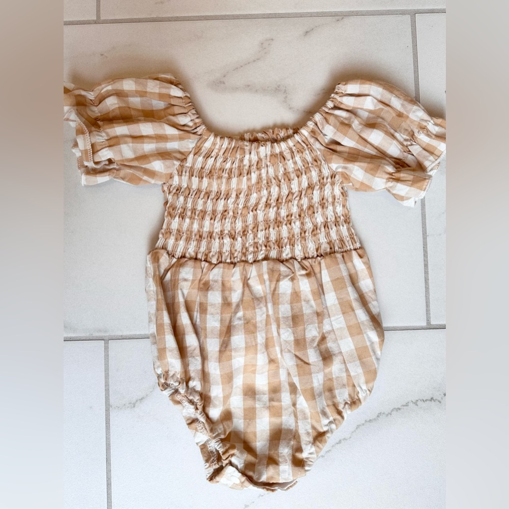 Tan and White Plaid Baby Romper